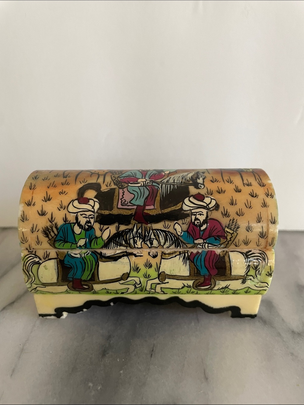Vintage Persian Camel Bone Mini Trinket Box Hand painted Home Decor (3x2”)